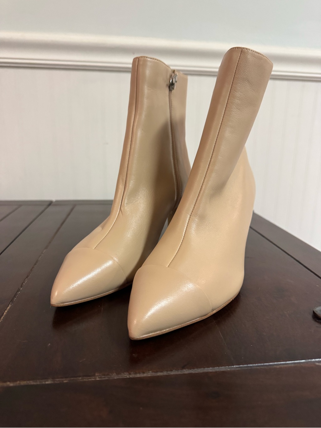 Calvin Klein Nude Leather Pointed-Toe Ankle Booties